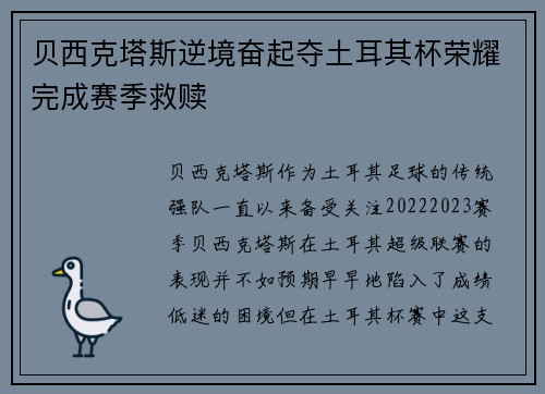 贝西克塔斯逆境奋起夺土耳其杯荣耀完成赛季救赎