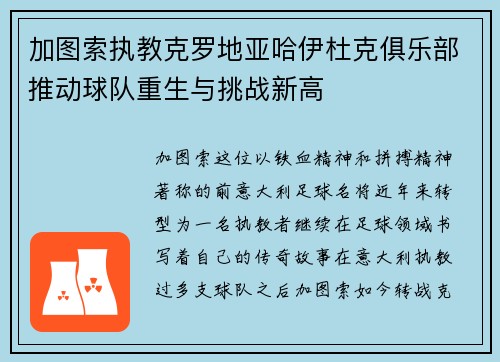加图索执教克罗地亚哈伊杜克俱乐部推动球队重生与挑战新高 加图索执教克罗地亚哈伊杜克俱乐部推动球队重生与挑战新高